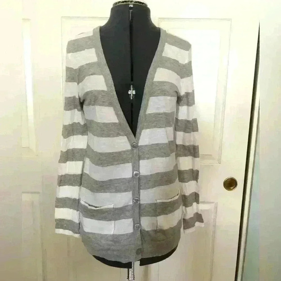 ARIZONA gray white striped light cotton cardigan with buttons women medium - Picture 2 of 5